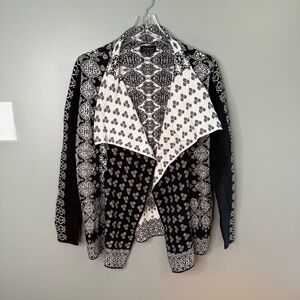 Lucky Brand Black White Tribal Print Draped Open Cardigan Jacket Small Bohemian